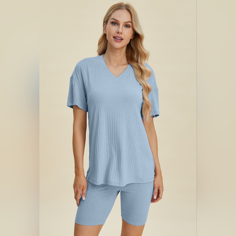 Basic Bae Full Size Ribbed V-Neck Short Sleeve Top and Shorts Set